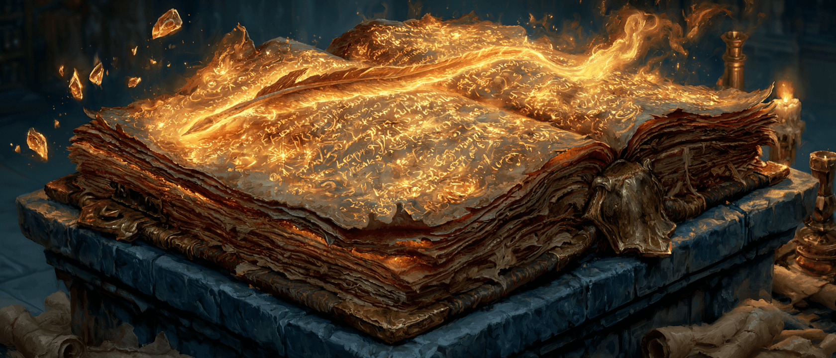 Ancient enchanted tome with glowing golden magical script