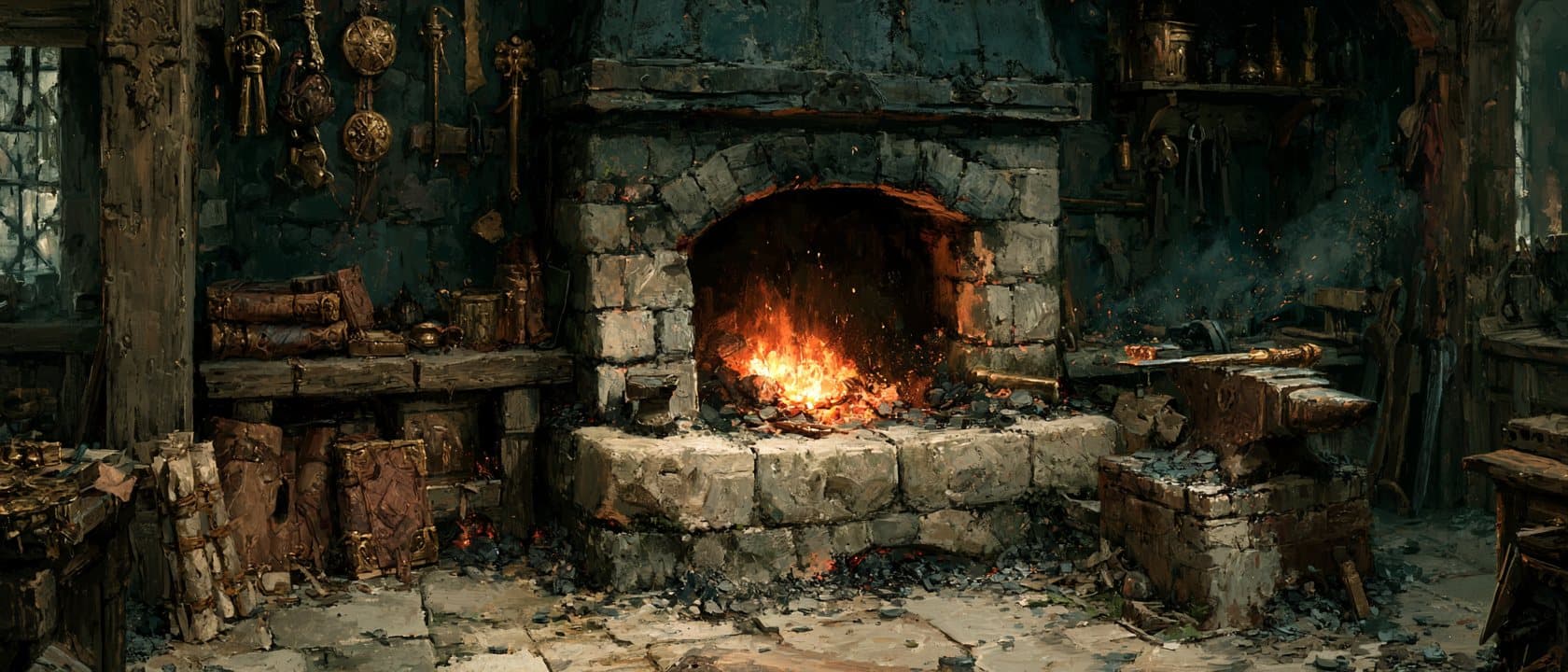 Fantasy forge with glowing embers