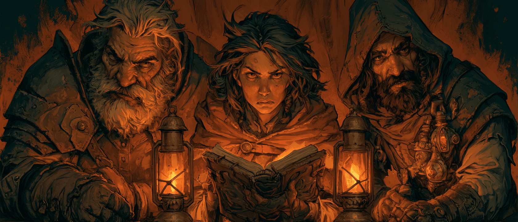 Three fantasy adventurers - veteran knight, young mage, shadowy rogue