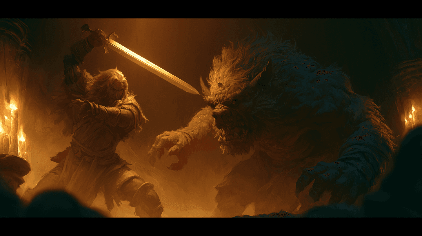 A fantasy warrior in the middle of a dramatic battle